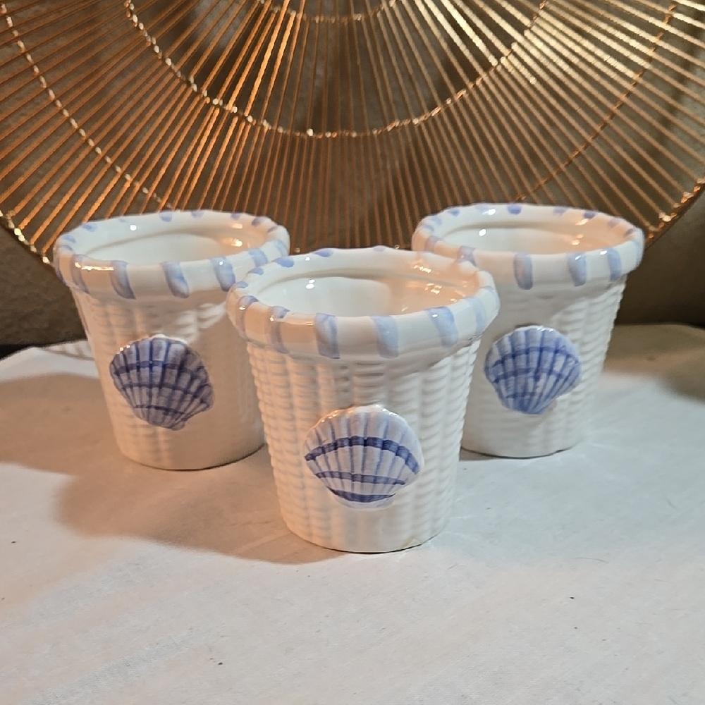 Nantucket Set of 3 White and Blue Shell Votive Candle Holders.